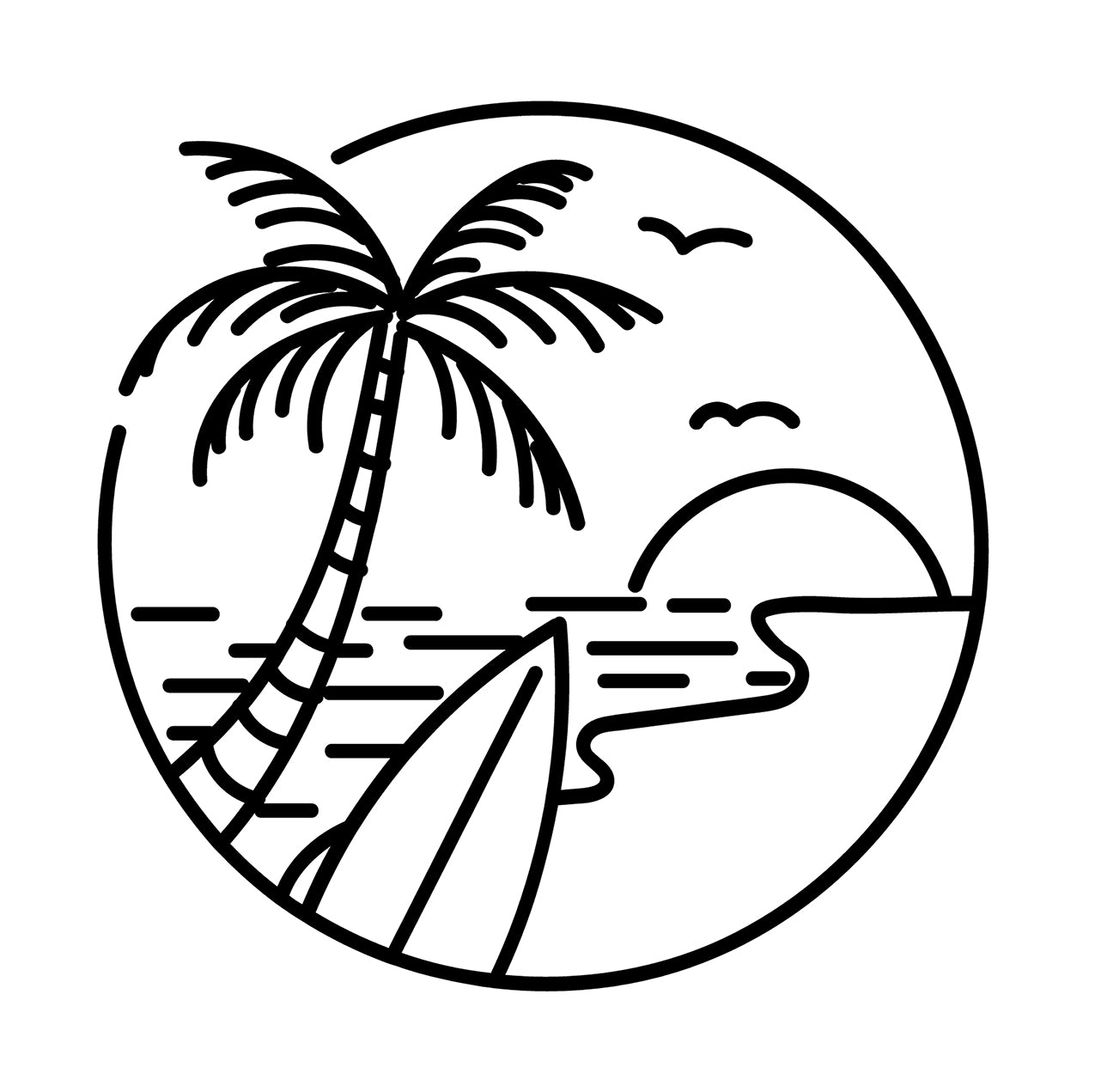 A tattoo design that represents a beach, a palm tree, a surf board and a sun on the horizon