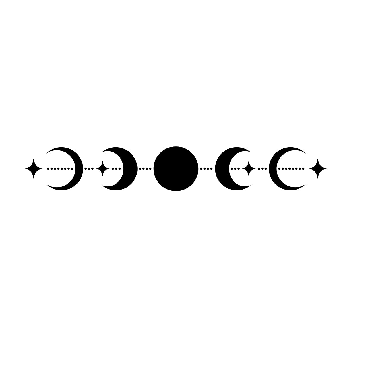 A tattoo design that consists of a full moon and half moons in a line connected by stars