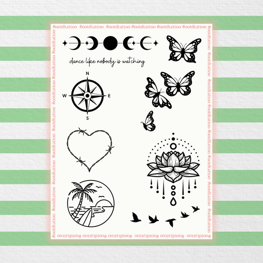 A semi-permanent tattoo sheet that includes 8 tattoo medium designs - moon, text, butterflies, a compass, a barb wired heart, a beach scene, a lotus and a flock of bird.