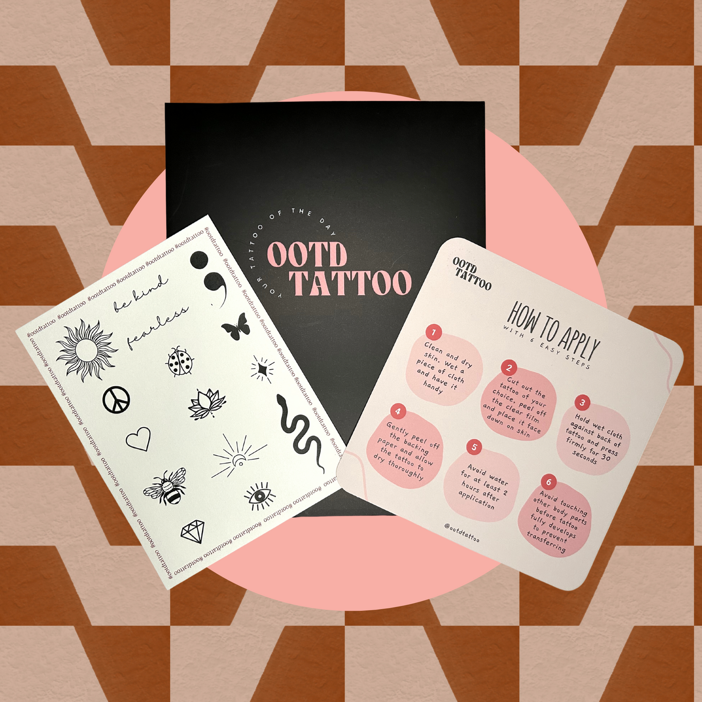 A semi-permanent tattoo sheet, an OOTD Tattoo branded envelop and an how-to-apply card