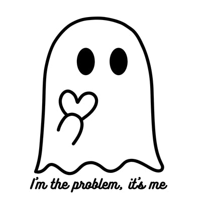 A tattoo design that represents a cute ghost holding up a love heart with the text "I'm the problem, it's me" below it