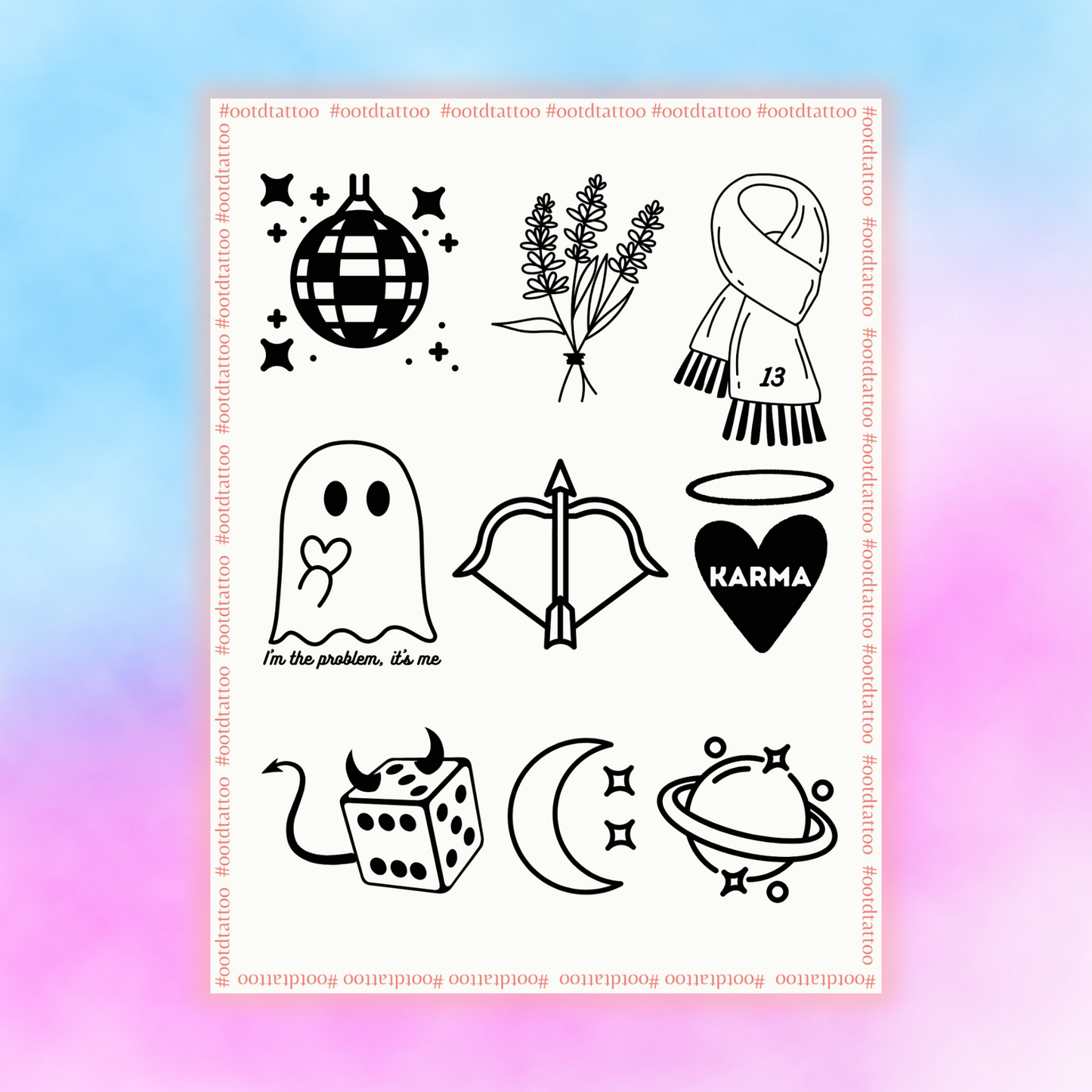 A semi-permanent tattoo sheet that includes 9 individual designs - a disco ball, a bouquet of lavender, a scarf, a cute ghost, a bow and arrow, a love heart that reads "karma", a dice with horns and a tail, a moon and a Saturn.