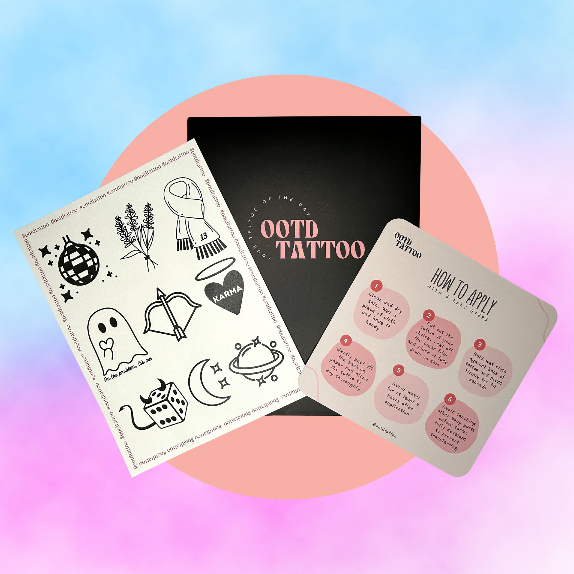 A semi-permanent tattoo sheet, an OOTD Tattoo branded envelop and an how-to-apply card